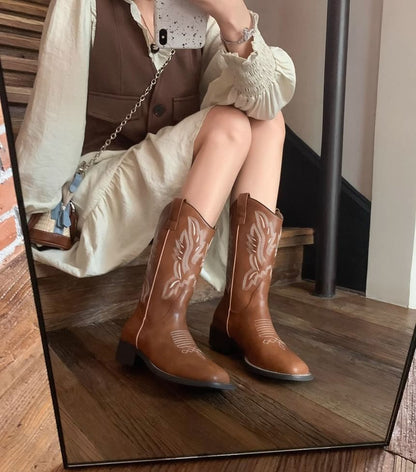 Cowboy Embroidered Leather Faux Chunky Mid-Calf Heel Boots