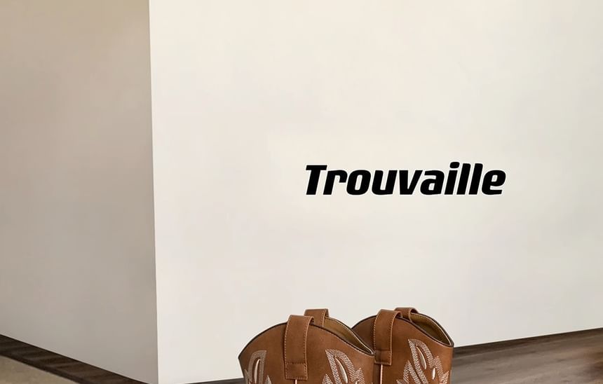 Cowboy Embroidered Leather Faux Chunky Mid-Calf Heel Boots