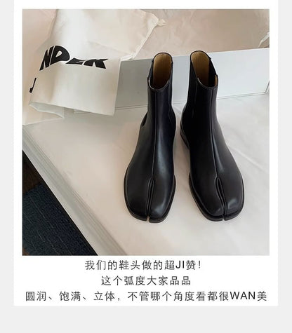 Leather Genuine Short Boots Plain Chelsea Heel Chunky Toe Split