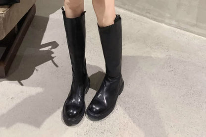 Zip-Up Genuine Boots Platform Plain Leather Tall