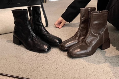 Chunky Heel Short Leather Plain Genuine Zip-Up Boots