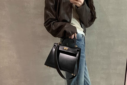 Chunky Heel Short Leather Plain Genuine Zip-Up Boots