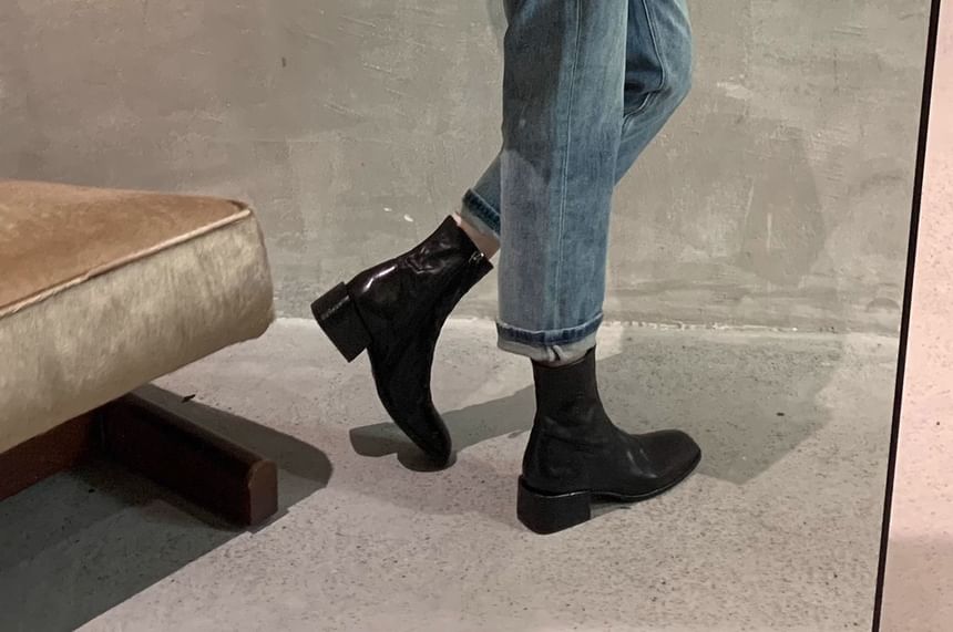 Chunky Heel Short Leather Plain Genuine Zip-Up Boots