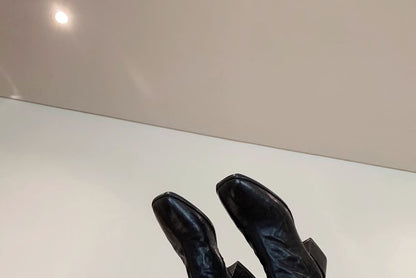 Chunky Heel Short Leather Plain Genuine Zip-Up Boots