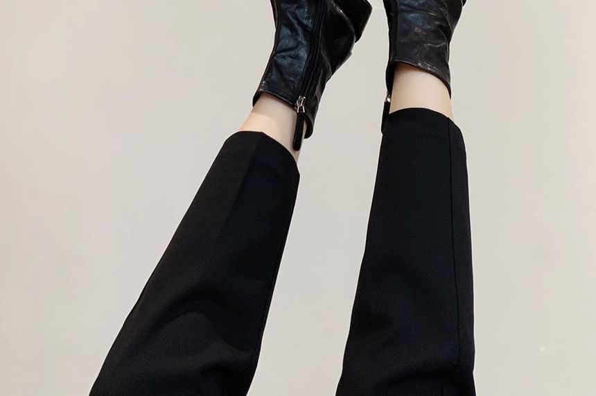 Chunky Heel Short Leather Plain Genuine Zip-Up Boots