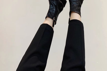 Chunky Heel Short Leather Plain Genuine Zip-Up Boots