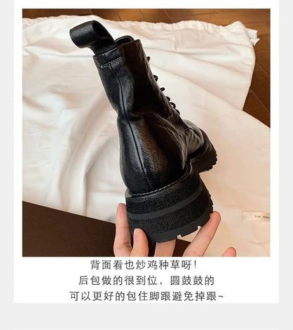 Short Lace-Up Leather Platform Plain Boots Genuine