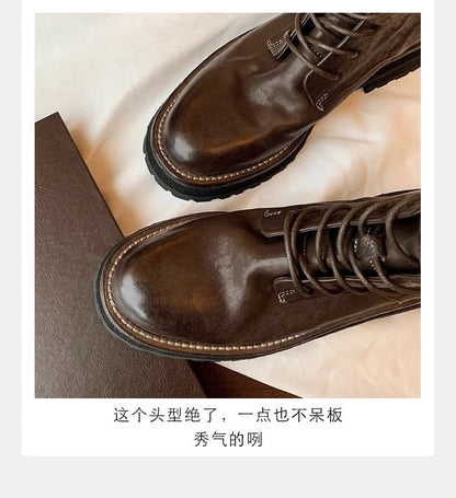 Short Lace-Up Leather Platform Plain Boots Genuine