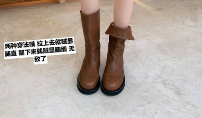 Boots Genuine Mid-Calf Leather Plain Platform