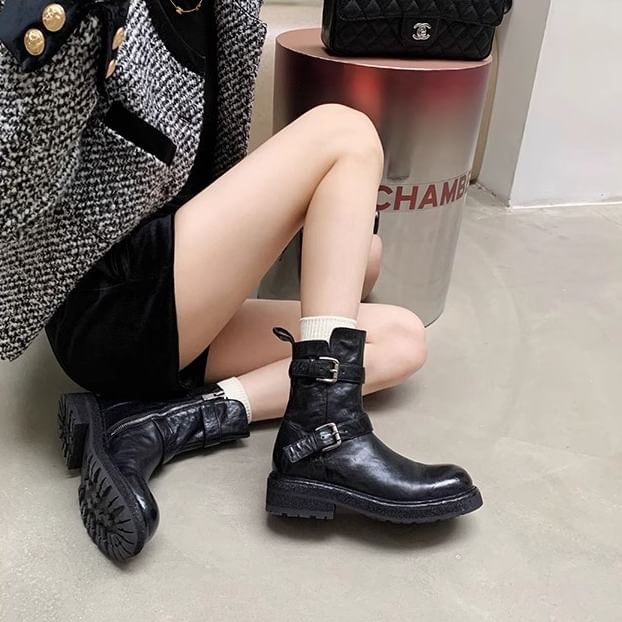 Leather Short Plain Buckled Boots Platform Genuine