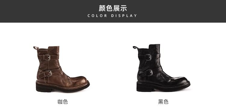 Leather Short Plain Buckled Boots Platform Genuine