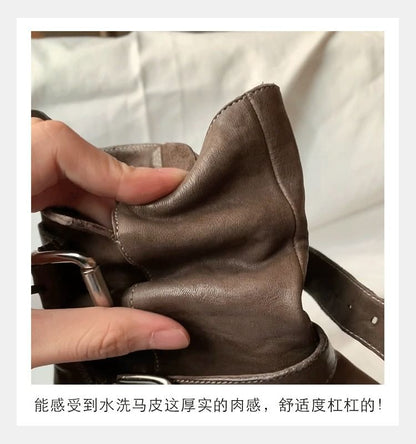 Leather Short Plain Buckled Boots Platform Genuine