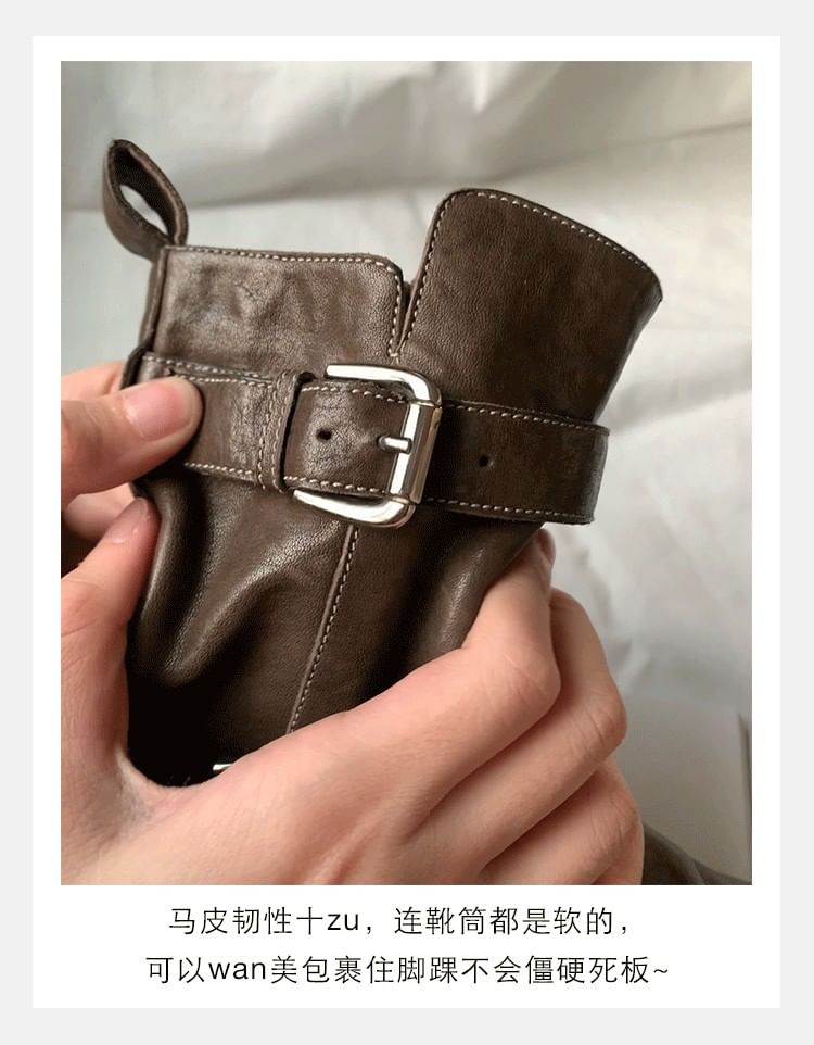 Leather Short Plain Buckled Boots Platform Genuine