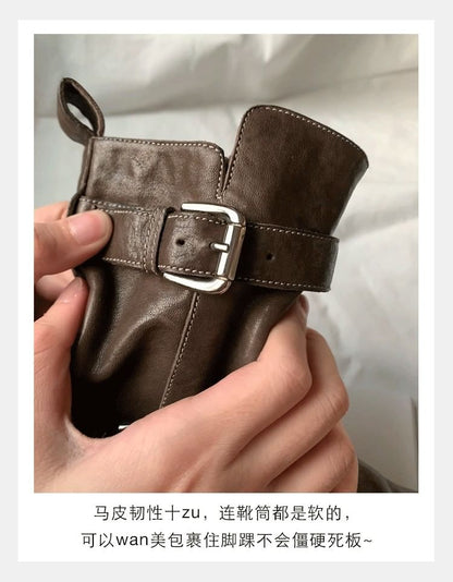 Leather Short Plain Buckled Boots Platform Genuine