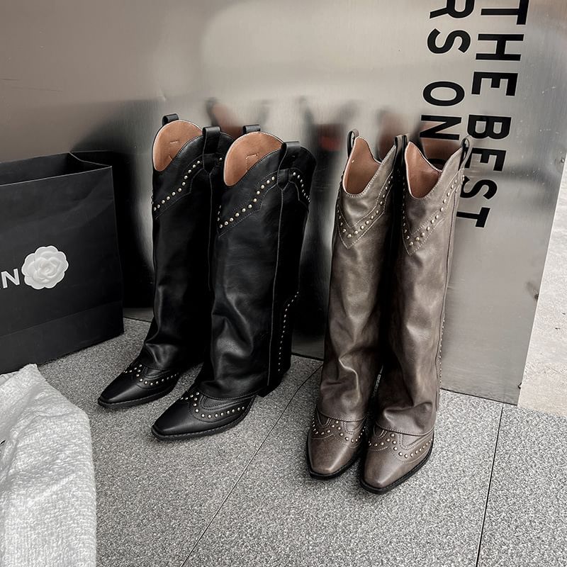 Tall Leather Cowboy Studded Plain Heel Chunky Boots Genuine