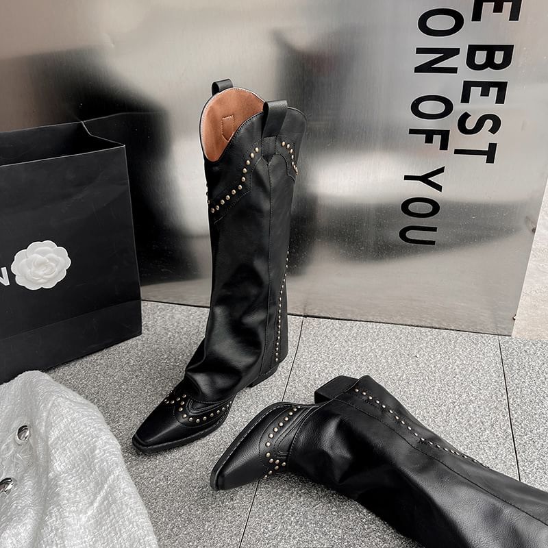 Tall Leather Cowboy Studded Plain Heel Chunky Boots Genuine