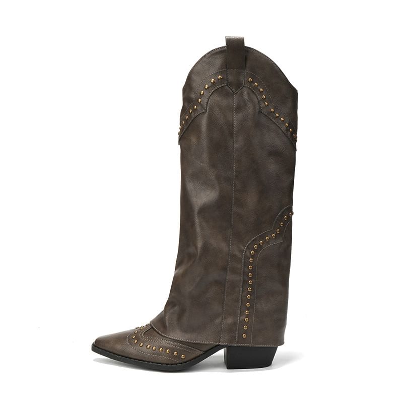 Tall Leather Cowboy Studded Plain Heel Chunky Boots Genuine