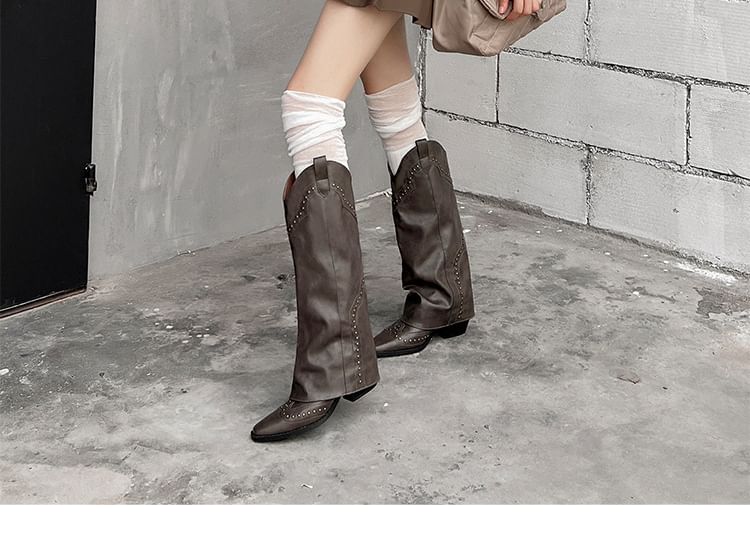 Tall Leather Cowboy Studded Plain Heel Chunky Boots Genuine