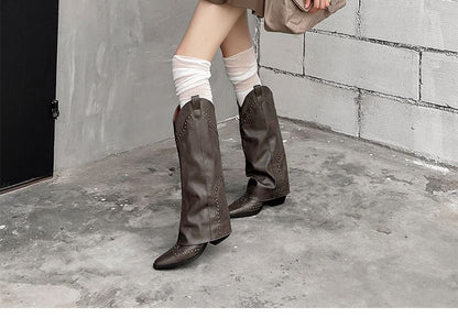 Tall Leather Cowboy Studded Plain Heel Chunky Boots Genuine