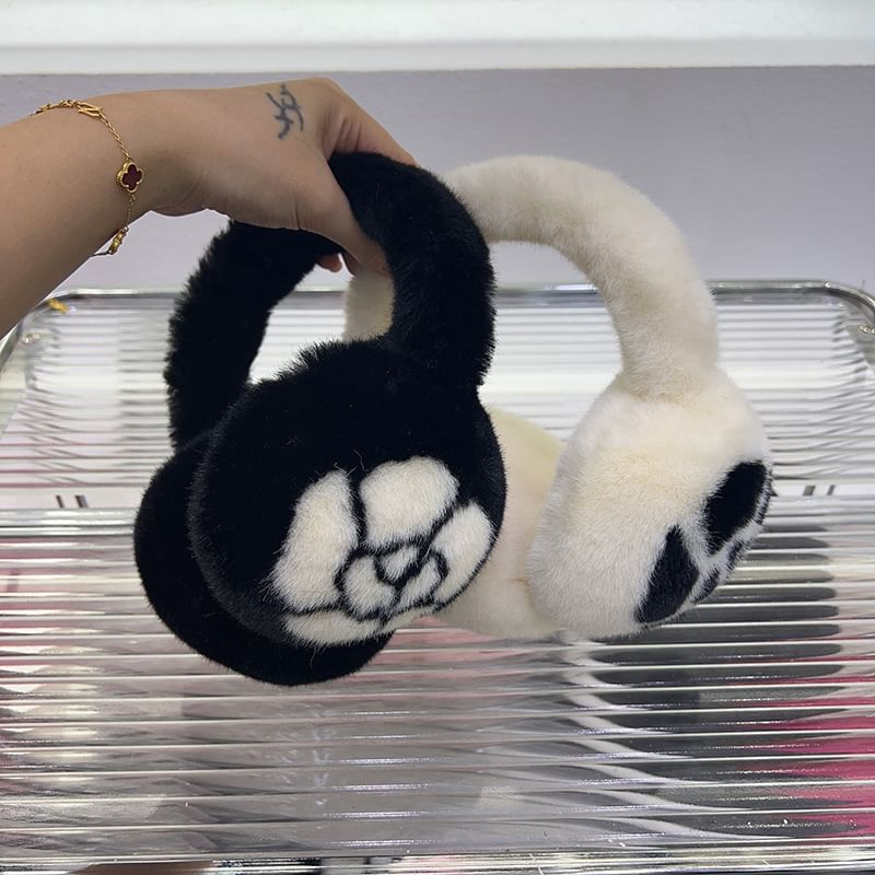 Set Bow Fluffy / Muffs Ear Print Scarf Floral