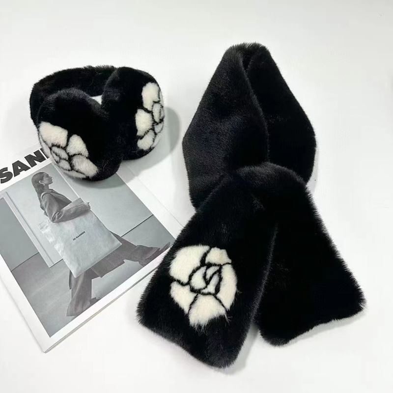 Set Bow Fluffy / Muffs Ear Print Scarf Floral