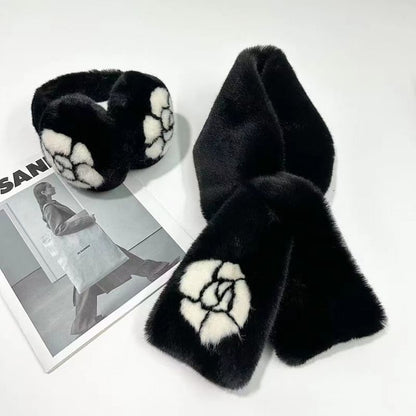 Set Bow Fluffy / Muffs Ear Print Scarf Floral