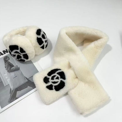 Set Bow Fluffy / Muffs Ear Print Scarf Floral