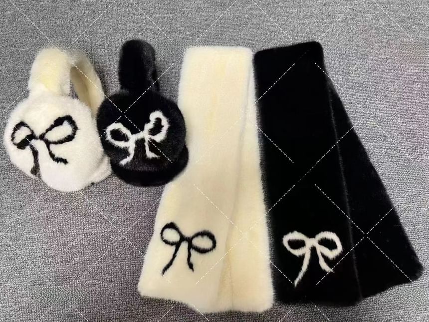 Set Bow Fluffy / Muffs Ear Print Scarf Floral