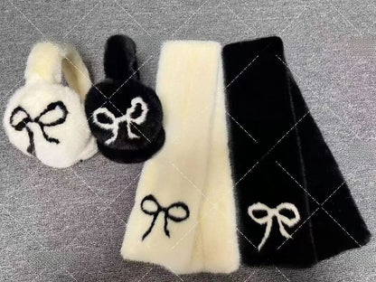 Set Bow Fluffy / Muffs Ear Print Scarf Floral