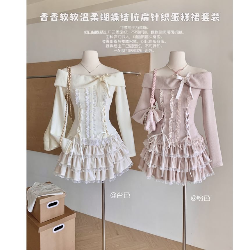 High Set: Up Shoulder Waist Sleeve Lace Tiered A-Line Top Mini + Long Skirt Bow Ruffle Off Plain