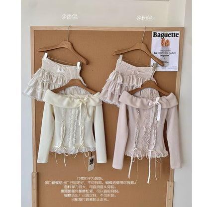 High Set: Up Shoulder Waist Sleeve Lace Tiered A-Line Top Mini + Long Skirt Bow Ruffle Off Plain