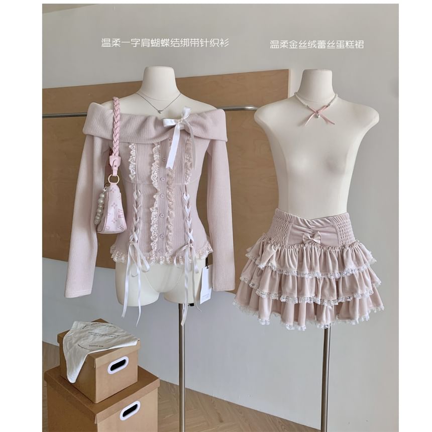 High Set: Up Shoulder Waist Sleeve Lace Tiered A-Line Top Mini + Long Skirt Bow Ruffle Off Plain