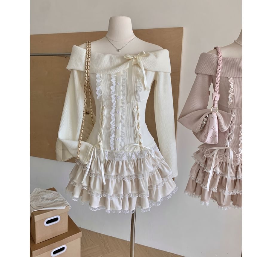High Set: Up Shoulder Waist Sleeve Lace Tiered A-Line Top Mini + Long Skirt Bow Ruffle Off Plain