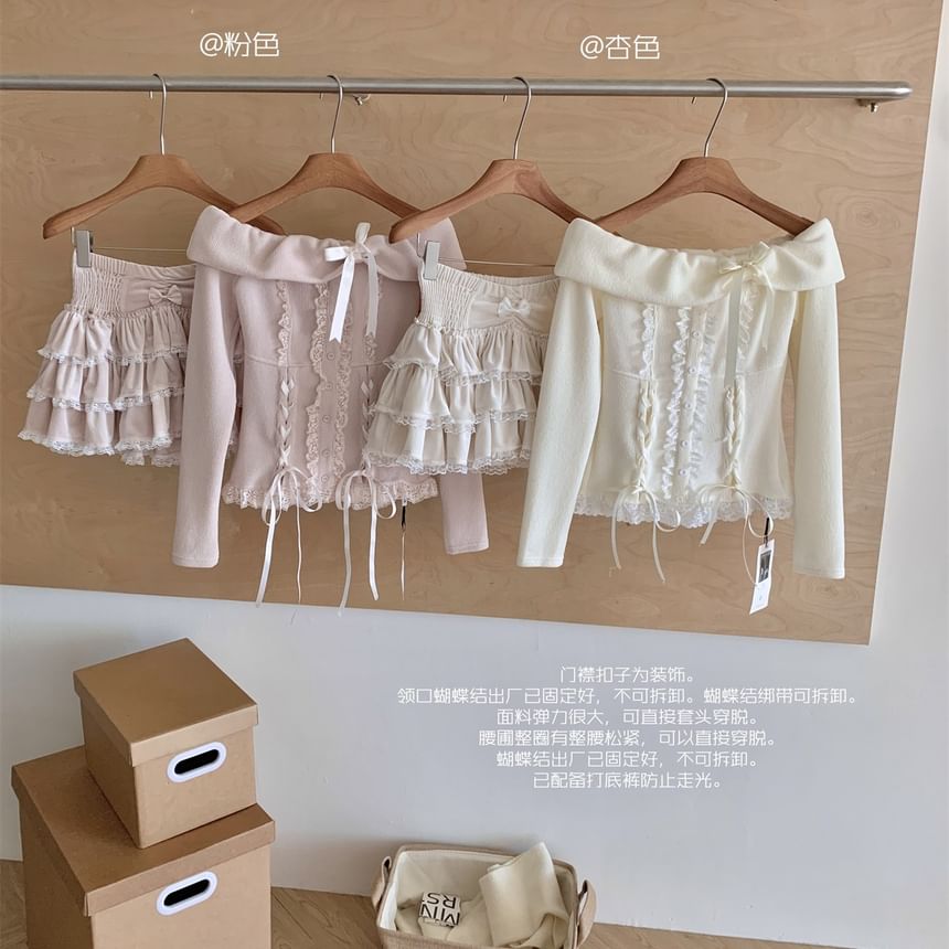 High Set: Up Shoulder Waist Sleeve Lace Tiered A-Line Top Mini + Long Skirt Bow Ruffle Off Plain
