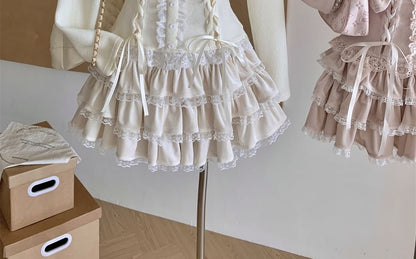 High Set: Up Shoulder Waist Sleeve Lace Tiered A-Line Top Mini + Long Skirt Bow Ruffle Off Plain