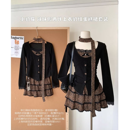 Mini V-Neck + Set: Waist Button-Up Tiered Print Skirt Plain Top High Long-Sleeve Leopard