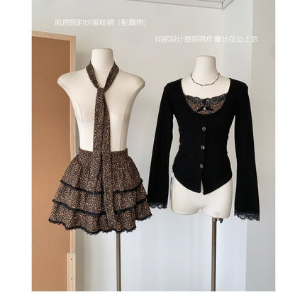 Mini V-Neck + Set: Waist Button-Up Tiered Print Skirt Plain Top High Long-Sleeve Leopard