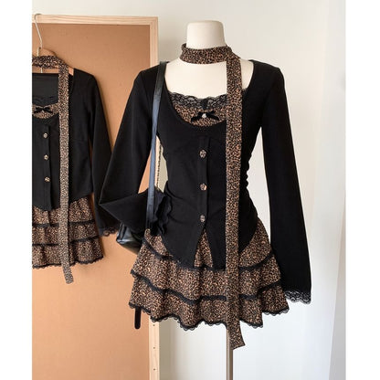 Mini V-Neck + Set: Waist Button-Up Tiered Print Skirt Plain Top High Long-Sleeve Leopard