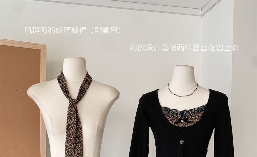 Mini V-Neck + Set: Waist Button-Up Tiered Print Skirt Plain Top High Long-Sleeve Leopard