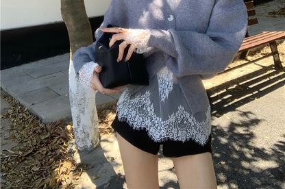 High Shorts Lace Button-Up Cardigan Neck / Long-Sleeve Waist Top V-Neck