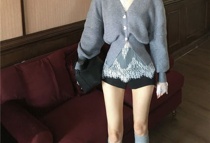 High Shorts Lace Button-Up Cardigan Neck / Long-Sleeve Waist Top V-Neck