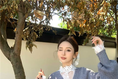 High Shorts Lace Button-Up Cardigan Neck / Long-Sleeve Waist Top V-Neck