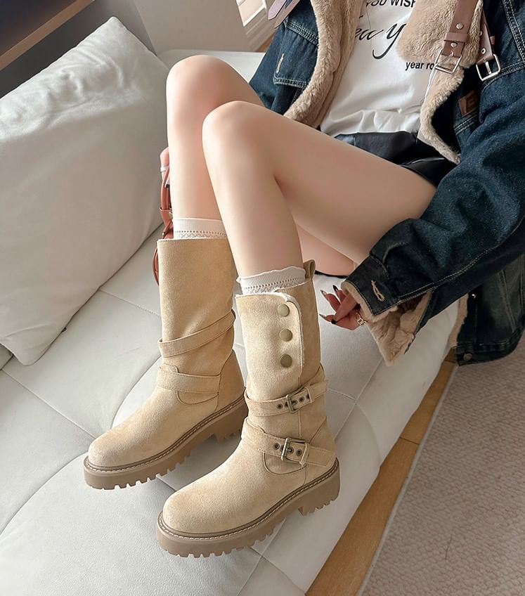 Platform Boots Buckled Button Calf Mid