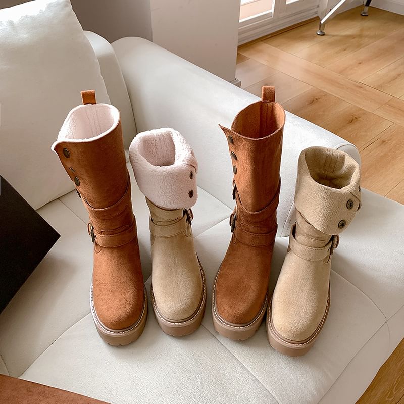 Platform Boots Buckled Button Calf Mid