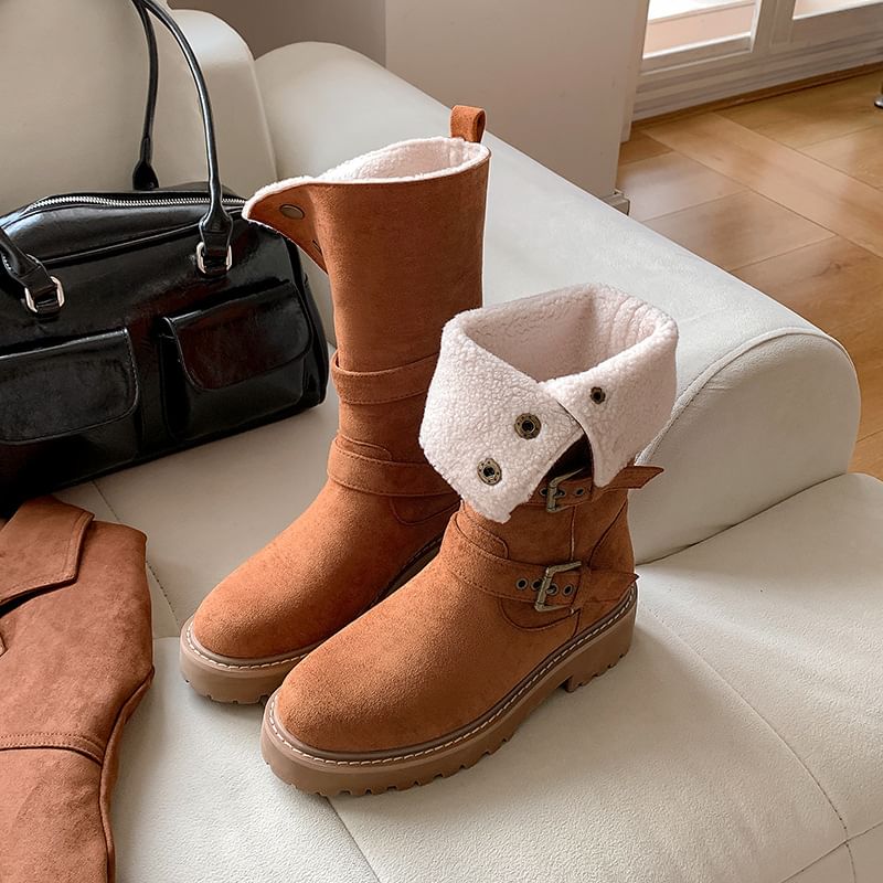 Platform Boots Buckled Button Calf Mid