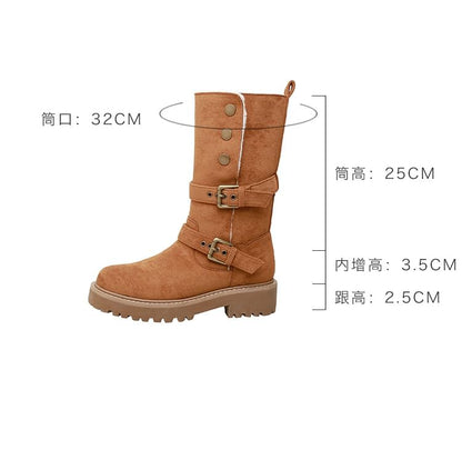 Platform Boots Buckled Button Calf Mid