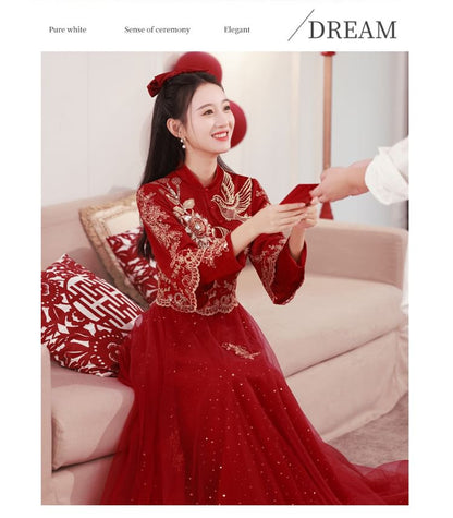 Embroidered Sleeve Wedding Long Cheongsam Dress