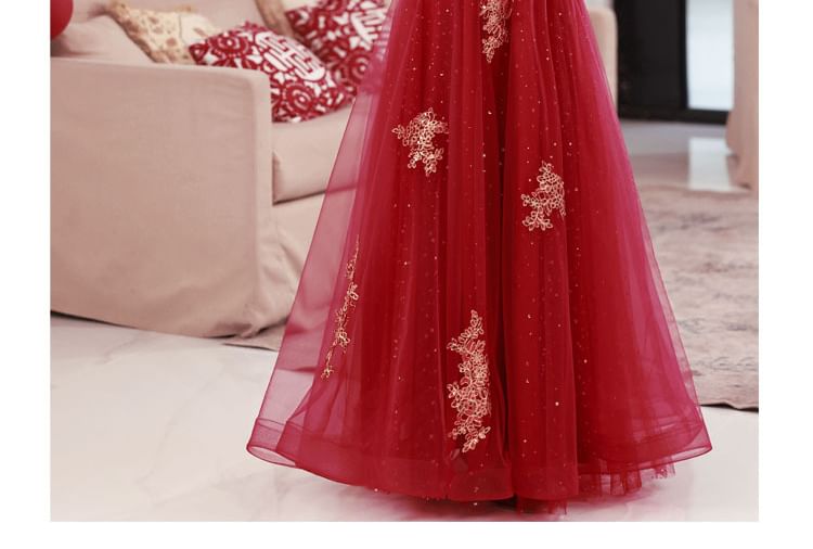 Embroidered Sleeve Wedding Long Cheongsam Dress