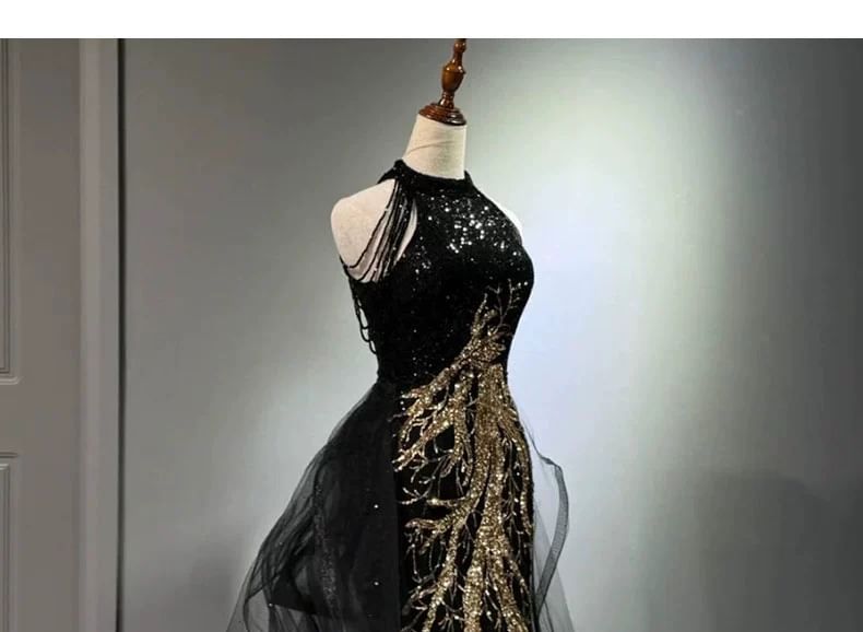 Embroidered Halter Sleeveless Evening Sequined Neck Gown Maxi