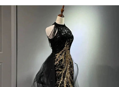 Embroidered Halter Sleeveless Evening Sequined Neck Gown Maxi